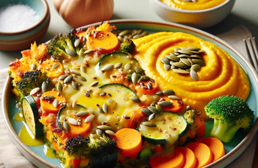 Gratin de Légumes au Fromage Fondu et Graines avec Purée de Courge