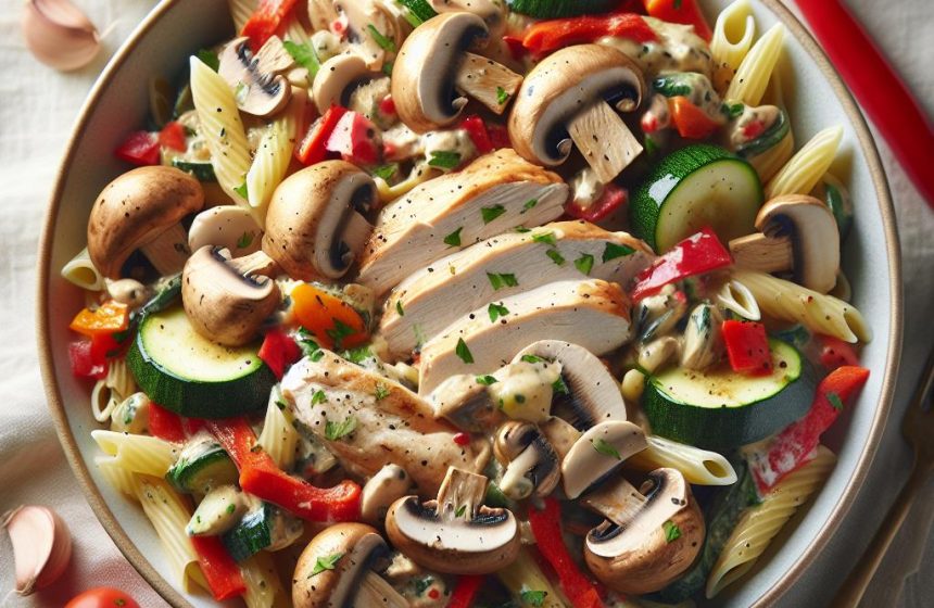 Pâtes au Poulet et Sauce aux Légumes et Champignons