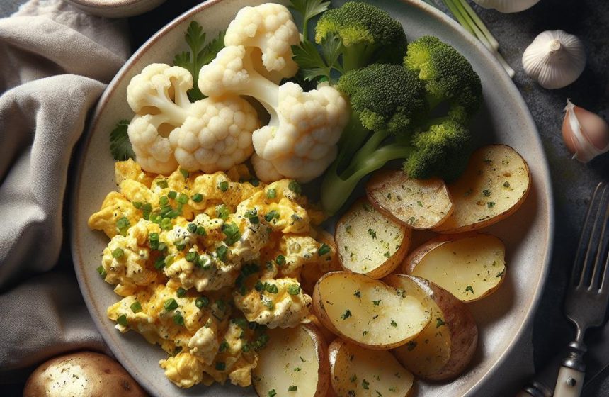 Œufs Brouillés aux Herbes, Chou-Fleur Vapeur et Pommes de Terre au Four