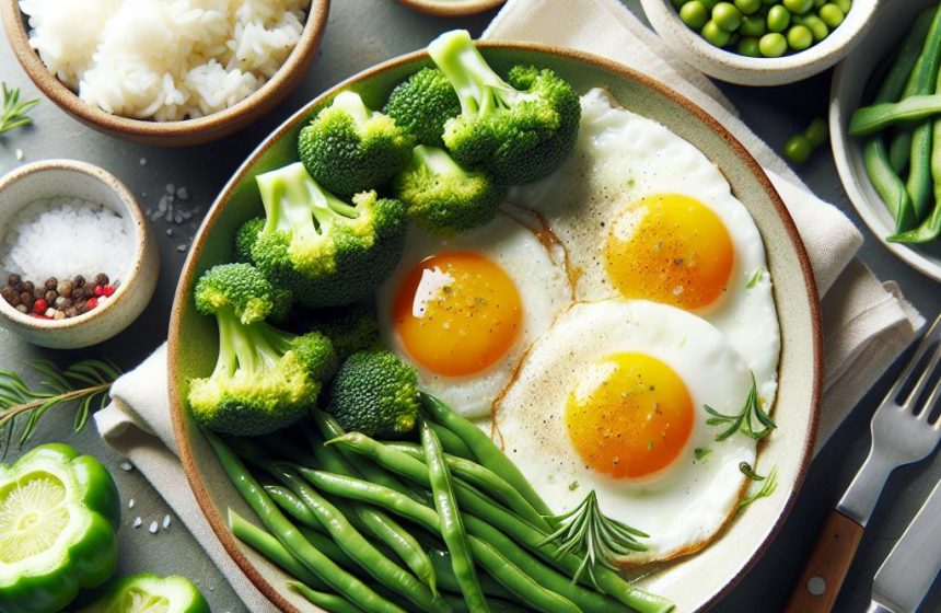 Œufs au Plat avec Brocoli, Riz Blanc et Haricots Verts