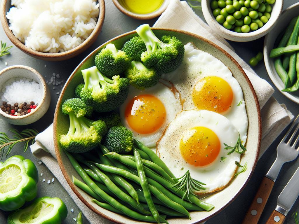 image-94 Œufs au Plat avec Brocoli, Riz Blanc et Haricots Verts