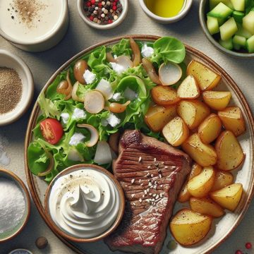 image-102 Pavé de Bœuf Savoureux avec Pommes de Terre Rissolées et Salade de Mâche