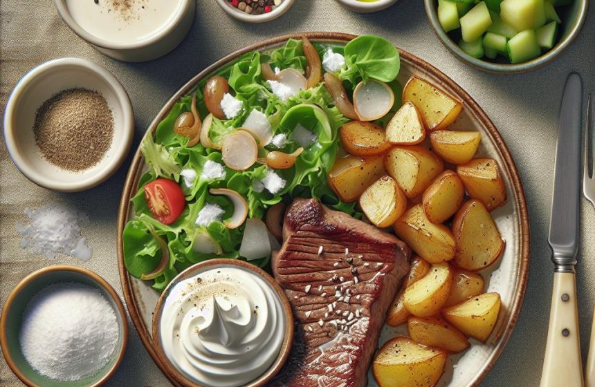Pavé de Bœuf Savoureux avec Pommes de Terre Rissolées et Salade de Mâche