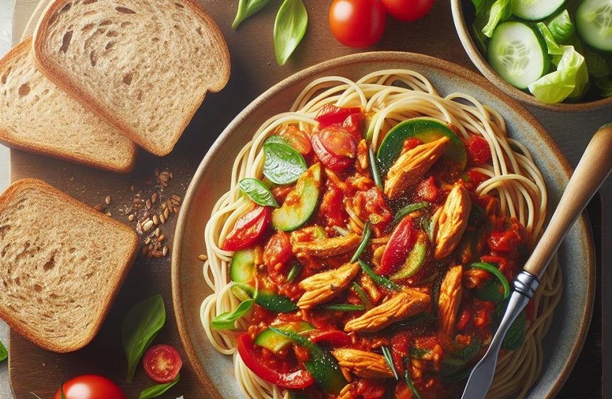 Spaghettis au Poulet Congo avec Salade Verte et Pain Complet