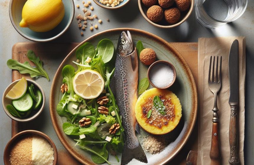 Truite à la Polenta avec Salade Verte et Falafels, suivie d&rsquo;une Tarte aux Noix
