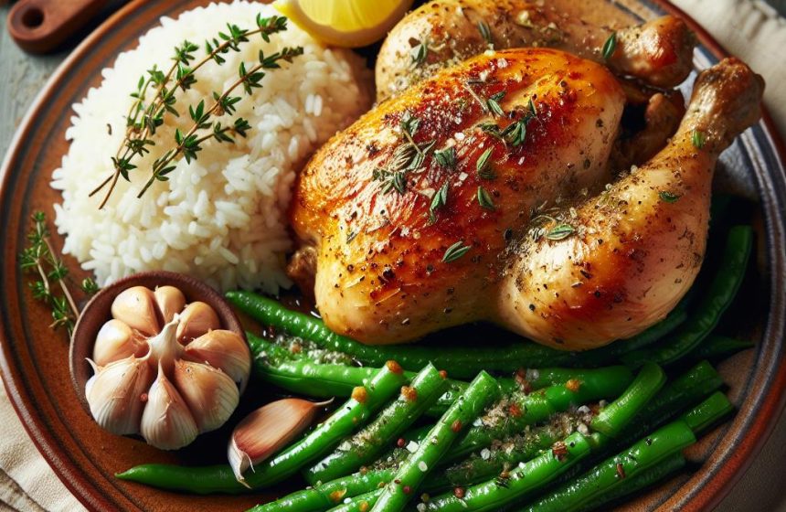 Poulet Rôti Savoureux avec Haricots Verts et Riz Blanc