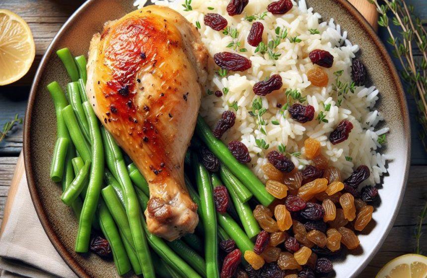 Poulet Rôti Savoureux avec Haricots Verts et Riz aux Raisins