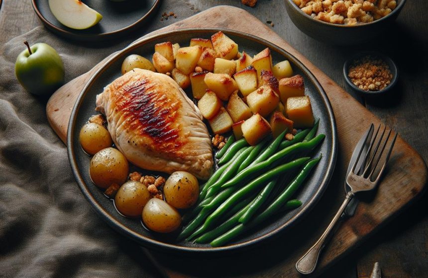 Blanc de Poulet Rôti avec Pommes de Terre, Haricots Verts et Crumble de Pomme