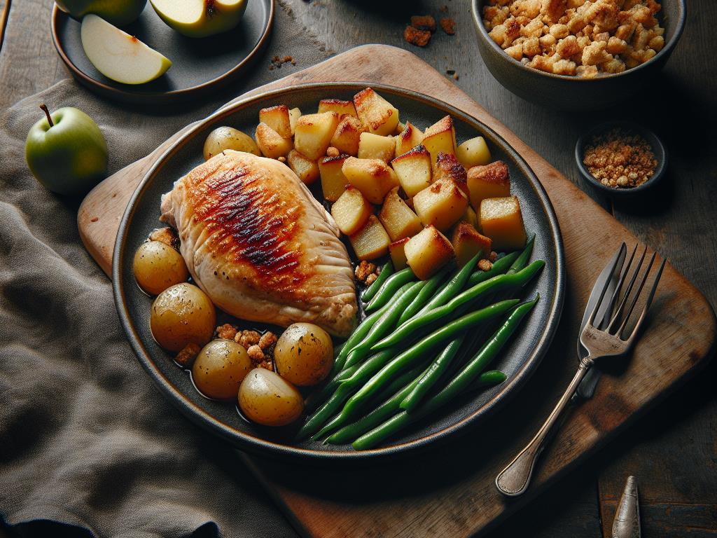 image-134 Blanc de Poulet Rôti avec Pommes de Terre, Haricots Verts et Crumble de Pomme