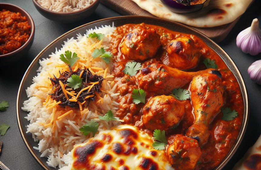 Poulet Tikka Massala avec Riz Basmati, Cheese Naan et Caviar d&rsquo;Aubergine