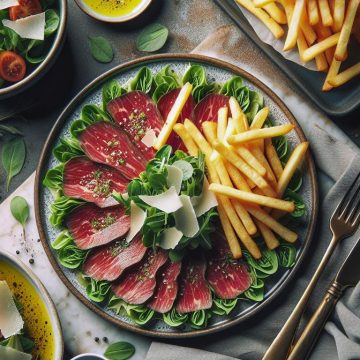Carpaccio de Bœuf Gourmand avec Frites au Four et Salade de Mâche