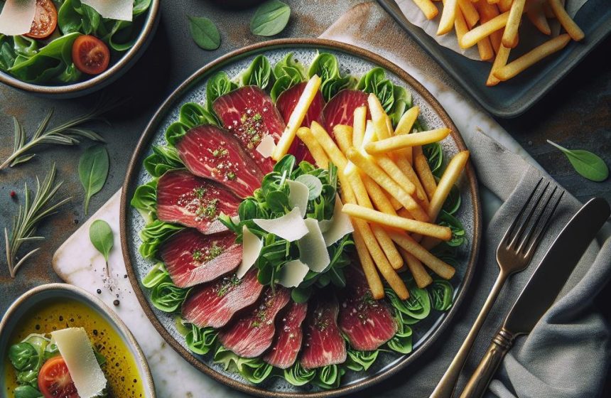 Carpaccio de Bœuf Gourmand avec Frites au Four et Salade de Mâche