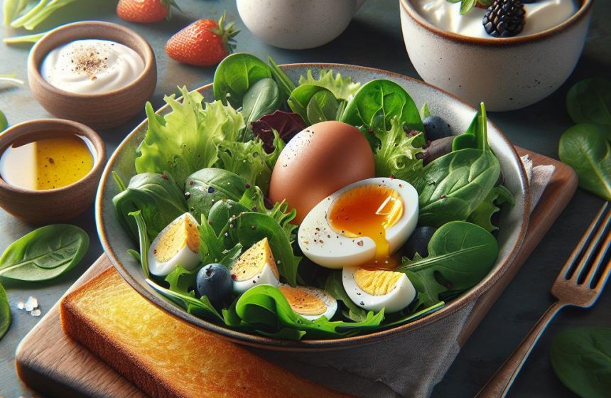 Salade Verte Énergisante avec Œuf à la Coque et Yaourt aux Fruits