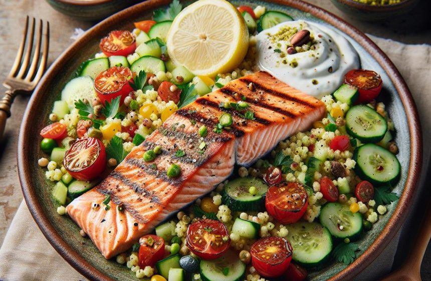 Salade de Couscous et Saumon Grillé avec Yaourt à la Pistache