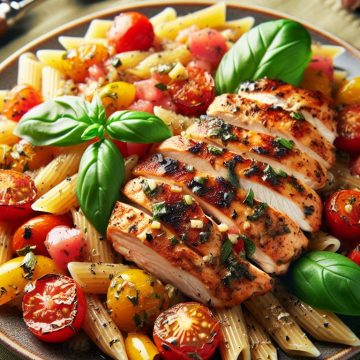 Délice de Poulet Grillé aux Tomates Herbacées et Pâtes