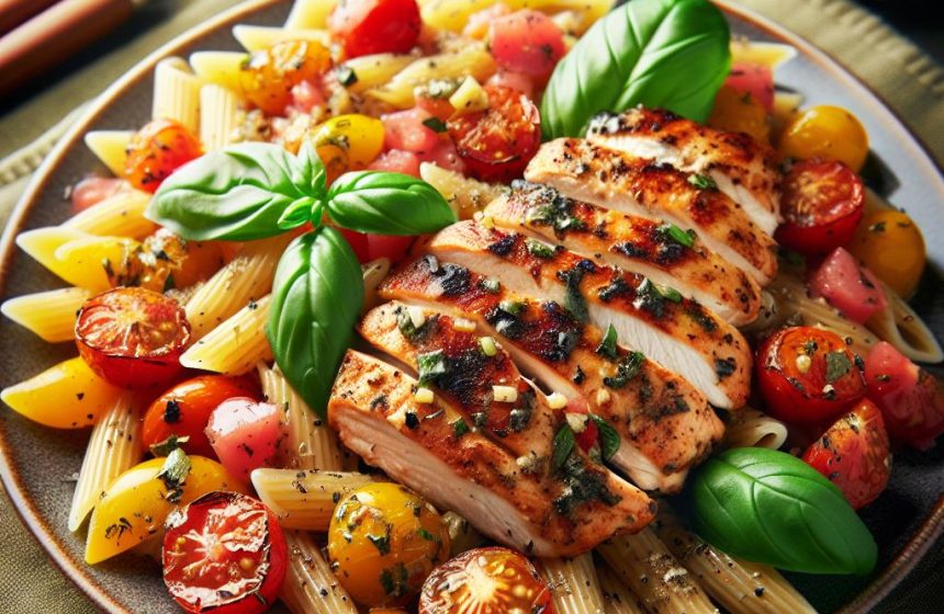 Délice de Poulet Grillé aux Tomates Herbacées et Pâtes