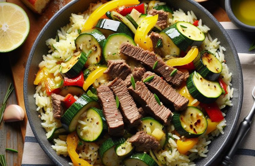 Riz aux Légumes et Bœuf Sauté avec Gâteau Maison