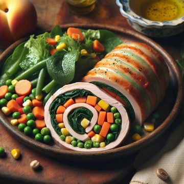 Roulé de Blanc de Dinde avec Macédoine et Salade Verte, suivi d’une Pêche