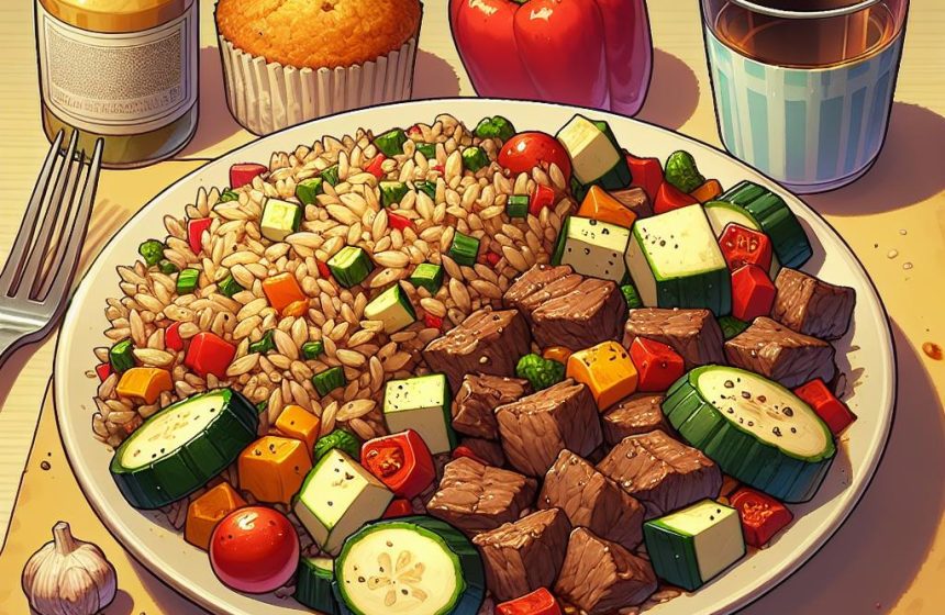 Délice de Riz aux Légumes et Bœuf, accompagné de son Gâteau Maison
