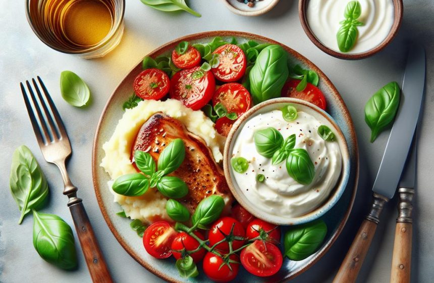 Côte de Porc Grillée avec Purée de Pommes de Terre et Salade de Tomates au Basilic