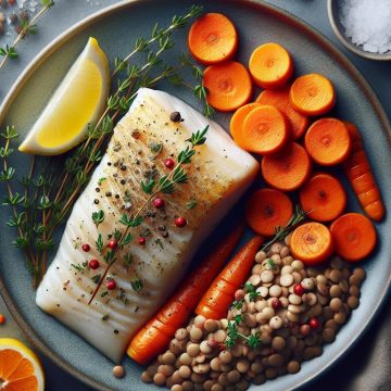 Poisson avec Sauce Crustacés, Carottes au Four et Lentilles Corail
