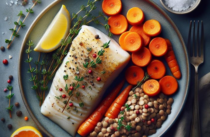 Poisson avec Sauce Crustacés, Carottes au Four et Lentilles Corail