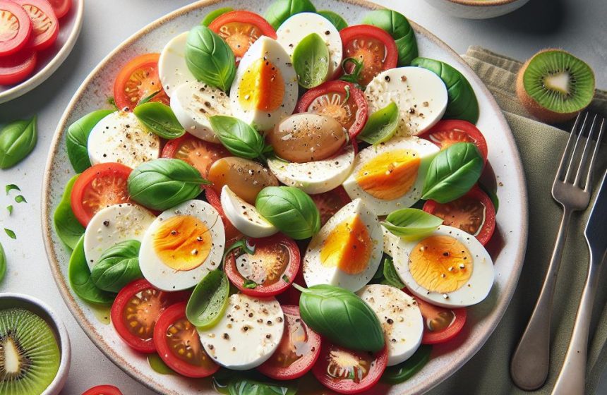 Salade de Caprese avec Œufs Durs et Kiwi en Dessert