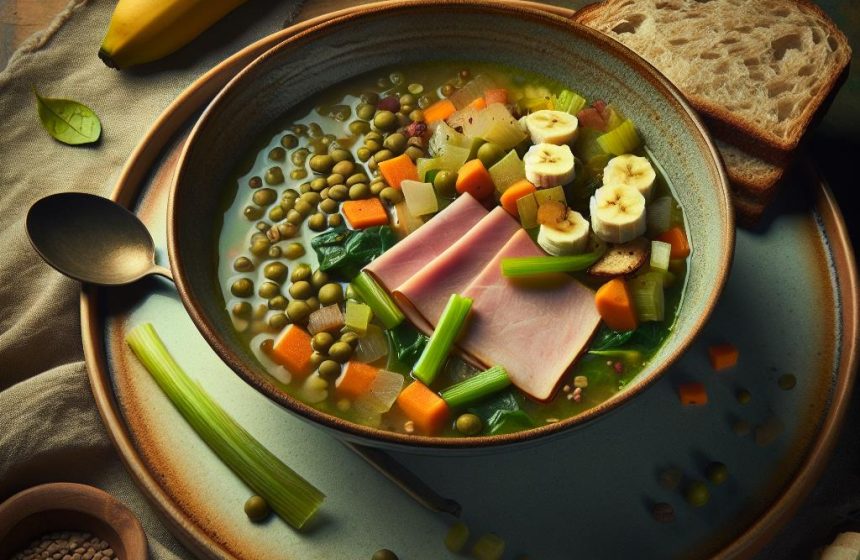 Délice de Potage aux Légumes et Lentilles Vertes avec Jambon et Banane