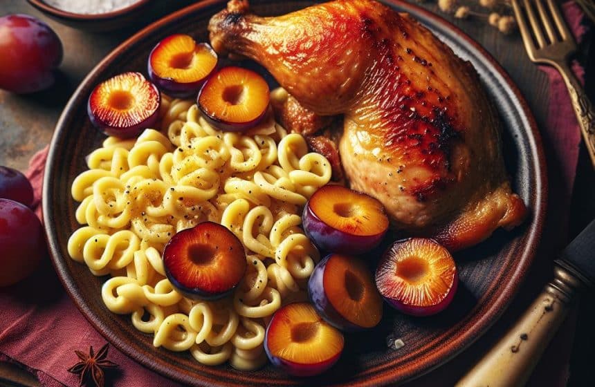 Cuisse de Poulet Rôtie aux Spaetzle et Prunes