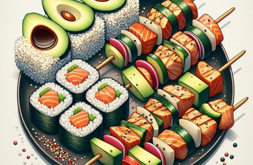 Sushis et Brochettes Japonaises Équilibrées