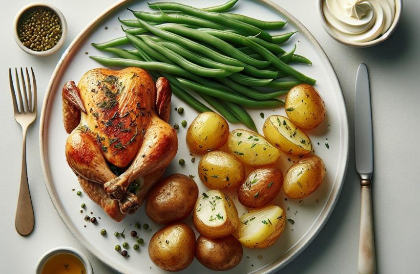 Poulet Rôti Gourmand avec Pommes de Terre Rissolées et Haricots Verts