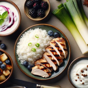 image-25 Poulet Grillé avec Riz Blanc, Poireaux au Lait de Coco et Yaourt à la Mûre
