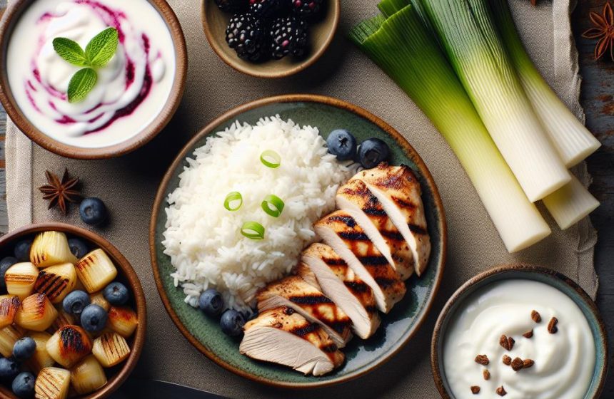 Poulet Grillé avec Riz Blanc, Poireaux au Lait de Coco et Yaourt à la Mûre