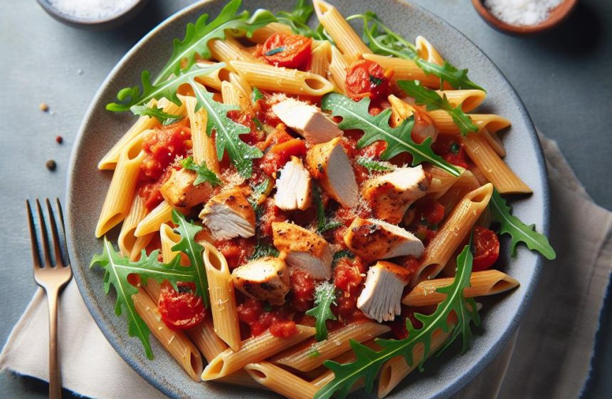 Penne au Poulet, Sauce Tomate et Roquette