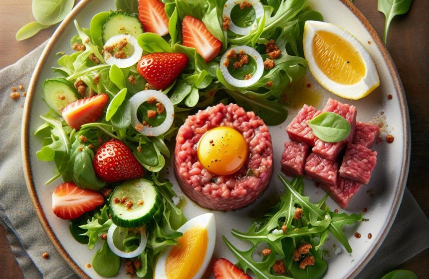 Steak Tartare Gourmand et Salade Fraîche aux Fraises