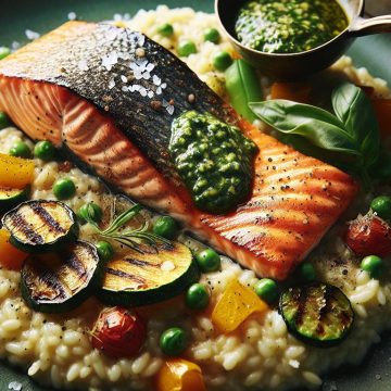 Saumon Grillé sur Lit de Risotto aux Légumes et Pesto
