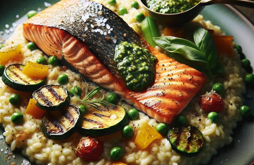 Saumon Grillé sur Lit de Risotto aux Légumes et Pesto