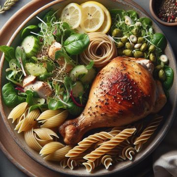 Cuisse de Poulet Rôtie avec Pâtes et Salade Verte