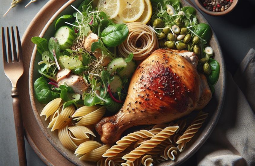 Cuisse de Poulet Rôtie avec Pâtes et Salade Verte