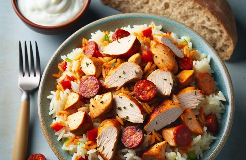 Riz au Poulet et Chorizo avec Pain Complet et Yaourt à la Vanille