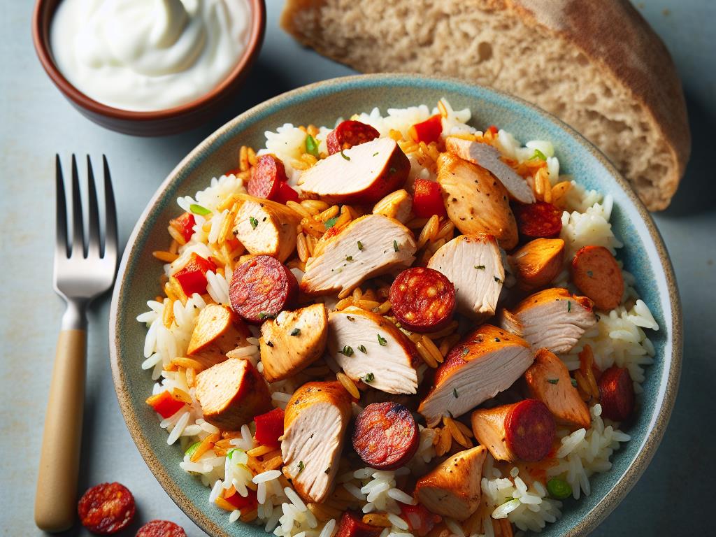 image-43 Riz au Poulet et Chorizo avec Pain Complet et Yaourt à la Vanille