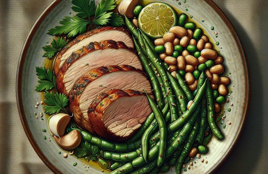 Tranches de viande avec haricots verts et jaunes