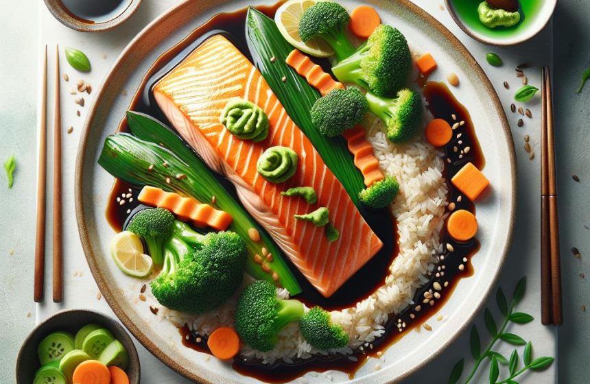 Saumon Saku avec Sauce Soja et Wasabi, Accompagné de Légumes Croquants