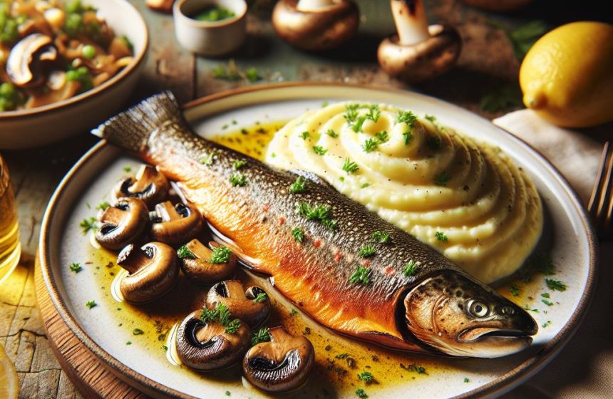 Truite Grillée à la Poêle avec Purée de Pommes de Terre et Champignons