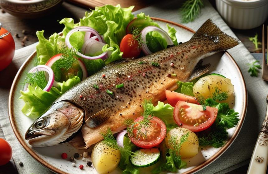 Truite Rôtie Accompagnée de Salade Fraîche et Fromage