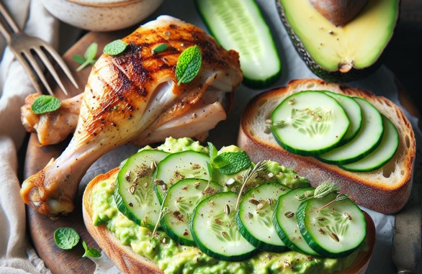 Tartines de Pain au Levain à l&rsquo;Avocat et Concombre à la Grecque avec Cuisse de Poulet Grillé