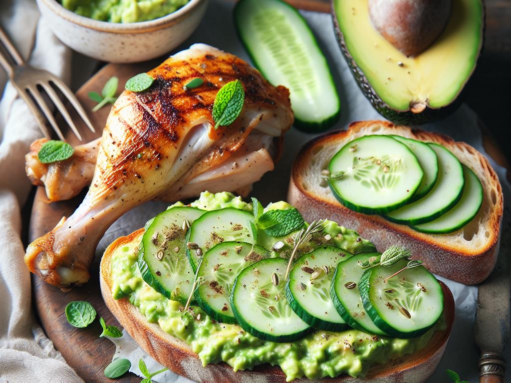 image-97 Tartines de Pain au Levain à l’Avocat et Concombre à la Grecque avec Cuisse de Poulet Grillé