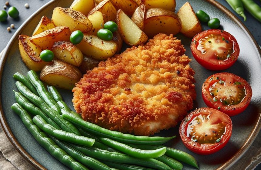 Escalope Panée Gourmande avec Pommes de Terre Sautées, Haricots Verts et Tomates