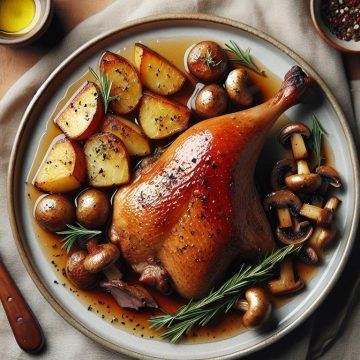 Cuisse de Canard Rôtie avec Pommes de Terre au Four et Champignons Sautés