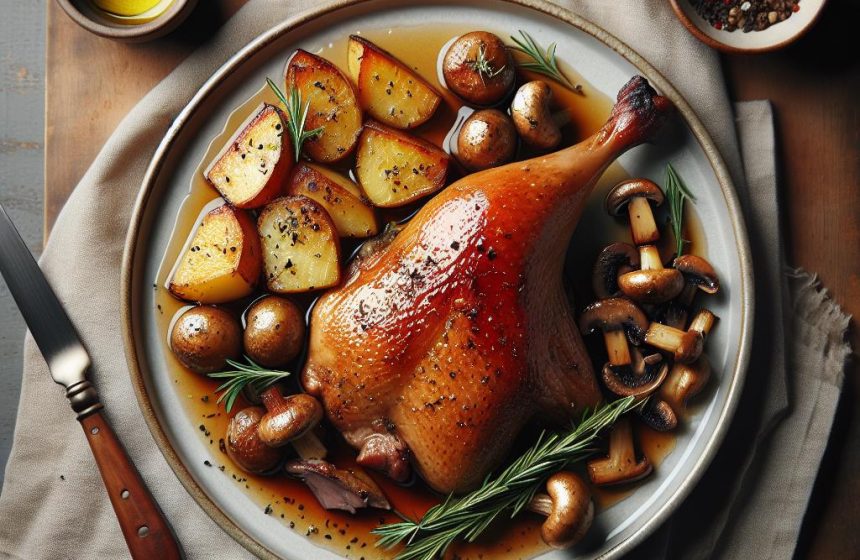 Cuisse de Canard Rôtie avec Pommes de Terre au Four et Champignons Sautés